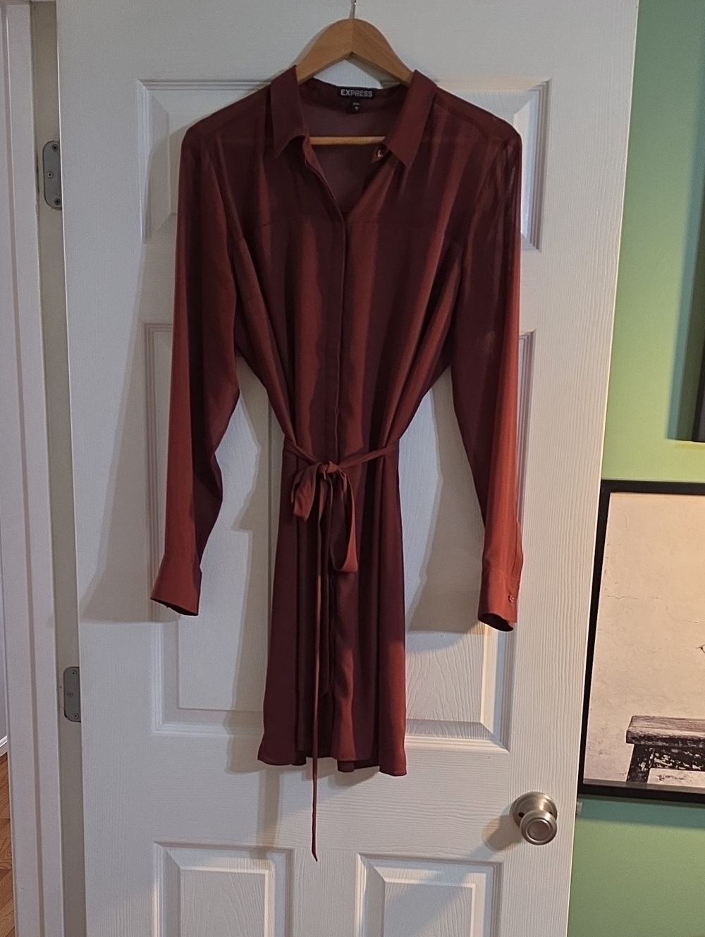 Express Long-Sleeve Rust Shirt Dress with Waist Tie